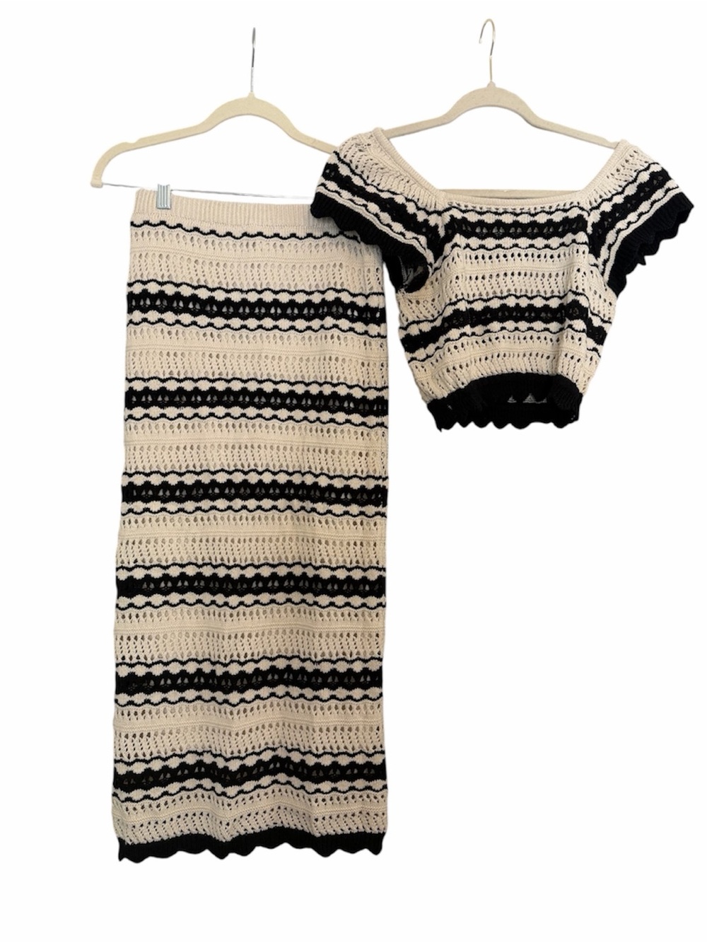 Striped Crochet Two-Piece Set in Cream and Black - Women
